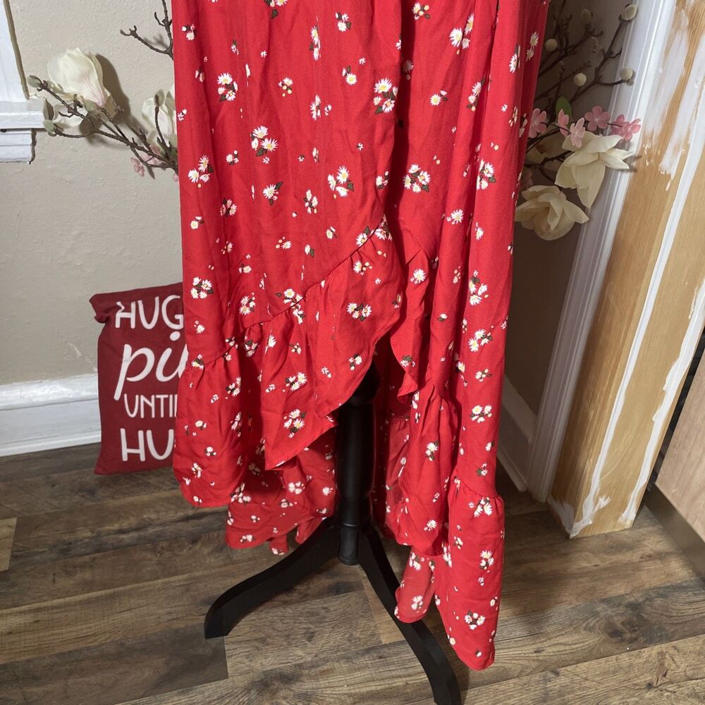 Mi Ami Red Floral Off Shoulder Smocked Maxi Dress Womens Medium Ruffle Hem - Picture 3 of 8